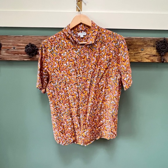 Earthbound Trading Co Tops - Earthbound Trading Co Butterfly Print Rayon Button Down Shirt Mustard Yellow M
